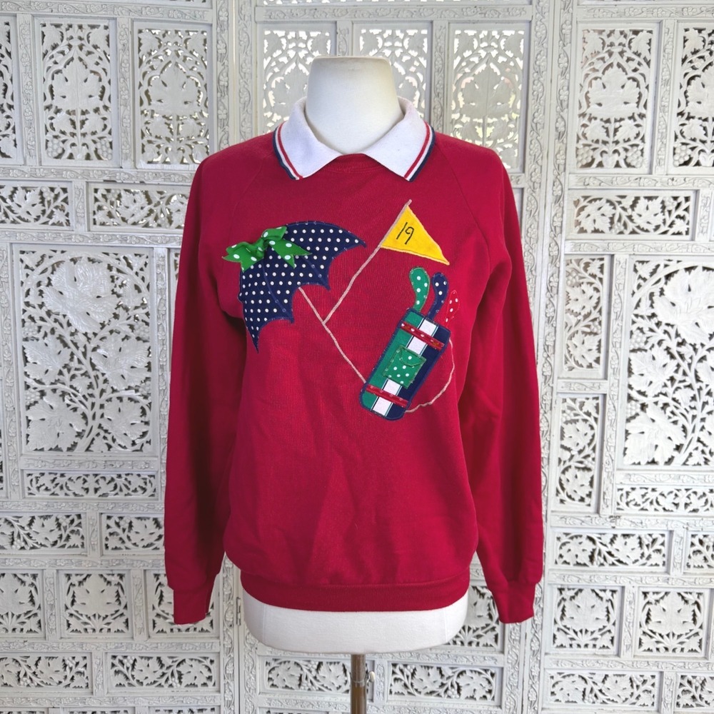 Vtg Handmade Red Golf Collared Sweatshirt Womens Medium Retro Sporty Grannycore